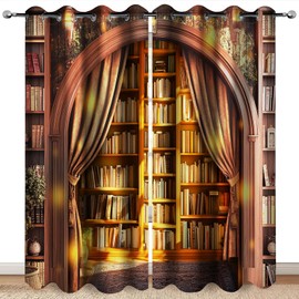 MissHope Vintage Bookshelf Blackout Curtains Sunshine Book Bookcase Tree Decor for Bedroom Study Classroom Living Room Darkening Grommet Window Drapes 2 Panel Set, 42x63 Inch