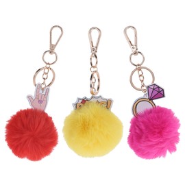 MIJOMA 3-Piece Set Key Ring with Pom Pom Made of Fluffy Faux Fur Ball Key Chain Accessories Car Key Handbag Charm Pendant Red/Yellow/Pink, multicoloured