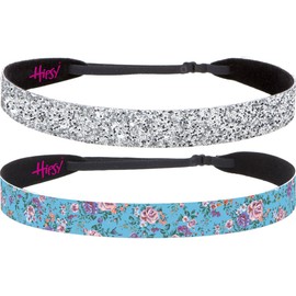 Hipsy Women's Adjustable NO SLIP Wide Country Flower Headbands (Wide Blue & Silver Glitter 2pk)