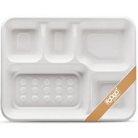 FOOGO Green 50pcs Large Disposable Plates with compartments, 11x8 inch 5 Deep Compartments, Sugarcane Bagasse Paper Trays, Divided Plates for Hot Food, Portion Control