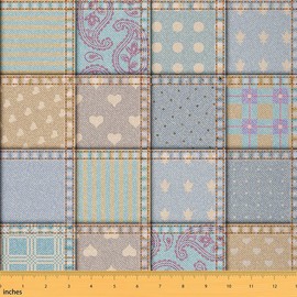 Feelyou Vintage Plaid Fabric by The Yard, Patchwork of Beige and Jeans Upholstery Fabric, Paisley Heart Grid Pattern Decorative DIY Projects, Indoor Outdoor, 1 Yard, Blue