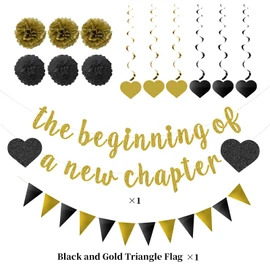The Beginning of a New Chapter Banner Funny Farewell Graduation Farewell Moving Away Retirement Party Decorations Supplies Hanging Garland Pompoms Bunting Backdrop New Home Job Change Black Gold