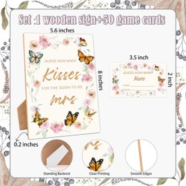 How Many Kisses Bridal Shower Games, Guess How Many Kisses For The Soon To Be Mrs, 1 Wooden Sign with 50 Cards, Butterfly Floral Guessing Game for Wedding, Bachelorette Party, Engagement Decoration