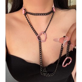 KOFISNI Leather Choker Slip Chain Necklace Stainless Steel Cuban Link Long Necklaces Gothic Punk Heart Chain Necklace Handmade Collars for Women (Pink+Black)