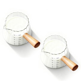YARRAMATE 2 Pack 6 oz/180ML Glass Measuring Cup with Wooden Handle – Espresso Shot Cups, Ribbed Milk Frothing Pitcher, Dual Scale Markings, V-Shaped Mouth for Easy Pouring