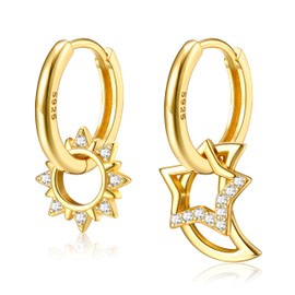 PATISORNA 925 Sterling Silver Earrings for Women,CZ Moon Star Silver Drop Earrings Small Huggie Hoop Earrings, Hypoallergenic Silver Dangling Drop Earrings Jewelry Gift