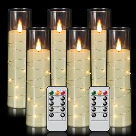 Lasumora Flameless Candles with Remote Timer, Embedded String Lights Candles Acrylic Flickering, Battery Operated LED Pillar Candles, Unbreakable Plexiglass Candles, Set of 6, Black, 2.3" x 8"