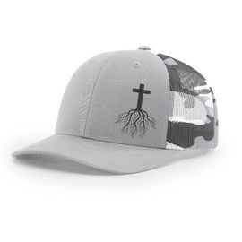 Christian Cross Roots Jesus Christ Mens Embroidered Mesh Back Trucker Hat, Silver/Grey Camo