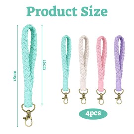 Set of 4 Macrame Key Chains, Colourful Lanyard, Short, Handmade Aesthetic Keyring, Braided, Key Fob Boho, Short Beautiful Braided Car Keychain Lanyard, for Girls and Women, White, purple, pink, blue