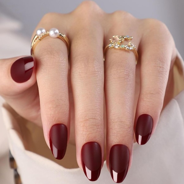 Press On Nails Short Almond Dark Red Nails with Glossy