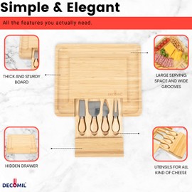 DECOMIL - Bamboo Cheese Board and Knife Set, Charcuterie Board Set, Cheese Board and Cutlery Set, Cheese Cutting Board,%100 Bamboo and Durable