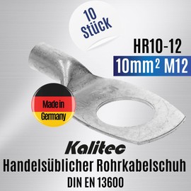Kalitec HR10-12 Standard Tube Cable Lugs 10 mm² M12 I without Viewing Hole I Made in Germany Pack of 10