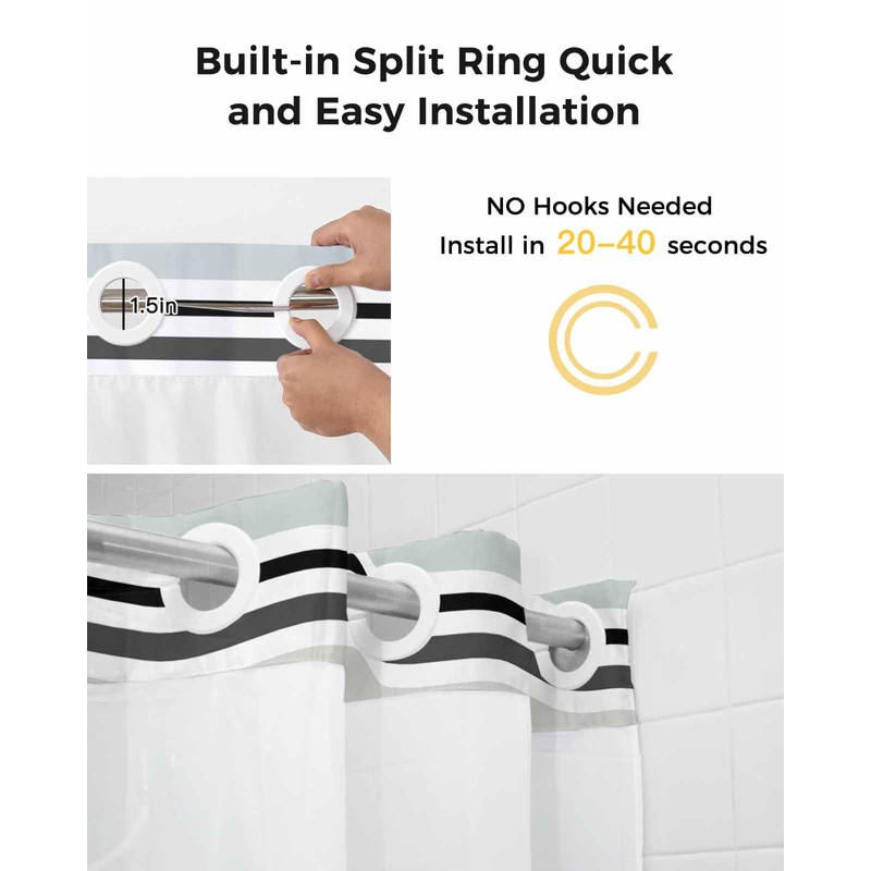 EwdeWwo No Hook Striped Shower Curtain with Snap in Liner,