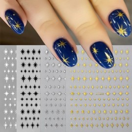 12 Sheets Star Nail Art Stickers 3D Self Adhesive White Black Silver Gold Nail Stickers for Nail Art Star Nail Decals Design Nails Art Supplies Accessories for Women Acrylic Manicure DIY Decoration