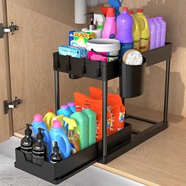 Under Sink Organizers and Storage, 2 Tier Black Bathroom Cabinet Organizer with Sliding Drawer,4 Hooks,2 Cups, Under Sink Organizer for Kitchen, Bathroom Cabinet Organizers and Storage for Home,1 Pack