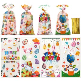 PintreeLand Easter Treat Bags 50PCS with Gold Twist Ties, Cellophane Candy Goodie Cooikes Gift Bags with Bunny Design for Party Favor Supplies