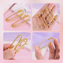 Framendino, 8 Pack Rhinestone Safety Pin with 3 Loops for DIY Crafts Jewelry Making Gold
