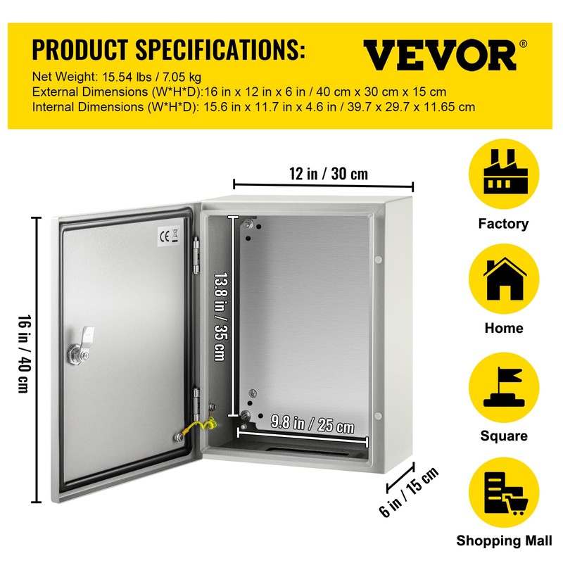VEVOR Electrical Enclosure Box, 16'' ×12'' ×6'', Carbon Steel Hinged