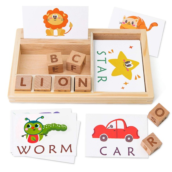 Coogam Spelling Games, Wooden Matching Letters Toy with Words Flash Cards, Alphabets ABC Learning Educational Montessori Puzzle Gift for Preschool Kids Boys Girls Age 3 4 5 Years Old