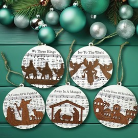 Set 5 Christian Christmas Tree Ornament, Rustic Wooden The Nativity Scene Story Set Cross Ornaments, Music Sheet Christian Gifts, Religious Jesus Decoration, Friendship Elephant Ornament