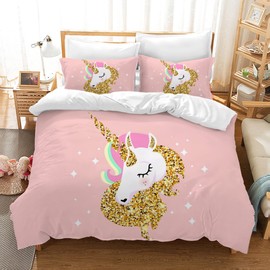 Hoimlm Unicorn Bed Linen 135 x 200 cm Children's Bedding Set with Duvet Cover and 2 Pillowcases, Cartoon Unicorn Microfibre Soft Girls Bedding with Zip Closure