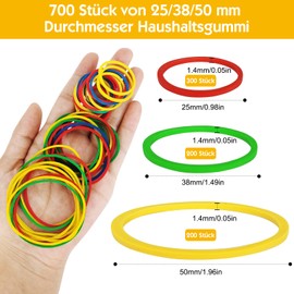 VEPEPE Pack of 700 Colourful Rubber Bands, Coloured Rubber Bands 25/38/50 mm, Colourful Household Rubber 1.4 mm Size, Colour Rubber Rings Various Sizes for Hair, Household, Pens, Catapults, Bills,