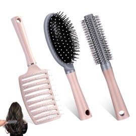 Cepillo de Pelo 3 Piezas para Mujeres, Hombres y Niños – Cepillo Redondo, Cepillo Arco y Cepillo de Airbag – Ideal para Cabello Rizado, Seco o Mojado – Antinudos, Rosa