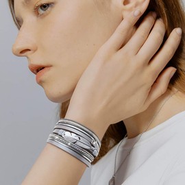 Gleamart Silver 2 Pieces Multilayer Leather Bracelet Set Beads Wrap Bangles with Magnetic Buckle for Women 03