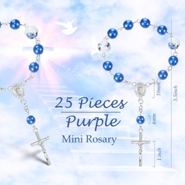 25 Pieces Blue Baptism Rosary Mini Rosaries Small Rosary Party Favors Beaded Finger Rosary with 25 Organza Bags for The First Holy Communion Baptism Party Gift Christening Weddings, Silver