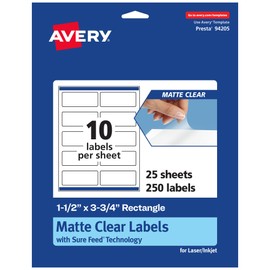 Avery Matte Clear Rectangle Labels with Sure Feed, 1.5" x 3.75", 250 Matte Clear Labels, Print-to-The-Edge, Laser/Inkjet Printable Labels