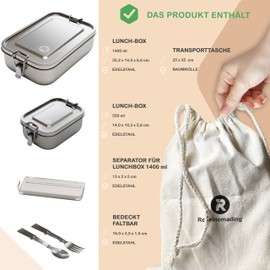 Rebelnomading 2 x Premium Stainless Steel Lunch Box Adult with Carry Bag, Foldable Spoon, Fork - 1400 ml Lunch Box Adult & 500 ml Lunch Box Stainless Steel Children - Leak-proof Lunch Box Metal
