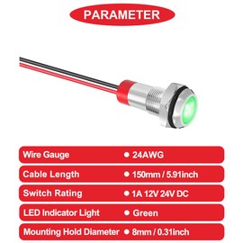 MKBKLLJY 10Pcs 8mm DC12-24V Green LED Metal Indicator Light Waterproof Signal Lamp with 150mm Cable Length Metal LED Indicator Light and Wiring Cap for Car Interior Trucks Boats Engine taillight