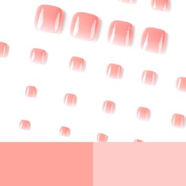 SXVME Glitter Ombre Pink Press on Toes Nails Short Square, Luxury Fake Toe Nails Glue on with Sequins, Acrylic Toe Press on Nails for Women, Glossy Gel ToeNails in 24 Pcs