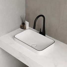 Lavie Craft Vessel Sink Rectangular, 18.9 x11.61 White Semi Recessed Bathroom Sink with Black Rim Ceramic Porcelain Rectangle Bathroom Vessel Sink Above Counter Vanity Sink Basin
