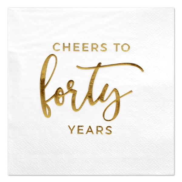 Andaz Press Cheers to 40, Funny Quotes Cocktail Napkins, Gold Foil, Bulk 50-Pack Count 3-Ply Disposable Fun Beverage Napkins for Engagement Party, Wedding Reception Bar
