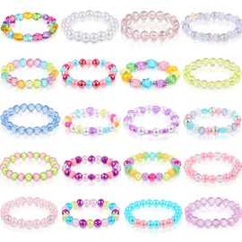 Hicarer 20 Pieces Girl Beaded Bracelets Cute Rainbow Bead Bracelets Colorful Bracelets Princess Bracelets Stretchy Bead Bracelets for Prince Birthday Present (Vivid Style)