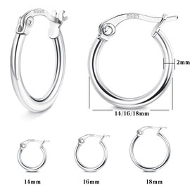 JeweBella Hoop Earrings 925 Silver Small Hoop Earrings for Women Girls Sterling Silver Hoop Earrings Small Hypoallergenic Earrings Sleeping Hoop Earrings Diameter 14/16/18 mm, Silver