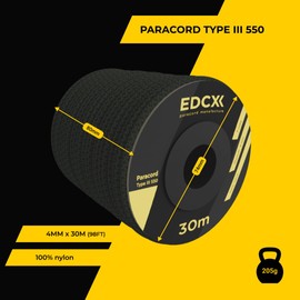 EdcX 4mm Nylon Paracord 550 30m (100 feet) - Type III, 100% Nylon Rope, 7 Strand Rope, 4mm Nylon Rope in Solid Colors (Black Snake, 30 m)