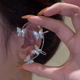 Butterfly Ear Cuffs Earrings Rhinestone Butterfly Ear Wrap No Piercing Eae Cuff Clip On Earrings for Women (Silver)