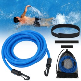 AMFUN Swimming Training Belt, Swimming Resistance Belt, Swim Training Leash, 4M Swim Resistance Band, Swim Tether Belt Stationary Swimming, Swim Bungee Cords for Kids Adults Beginners (Blue)