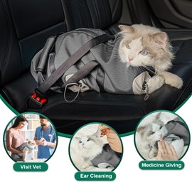 Pawfun Cat Carrier Pouch, Soft Cat Carrier and Soothing Grooming Bag, Breathable Cat Restraint Bag for Nail Clipping Vet Visits Medication Dental Care Grey S
