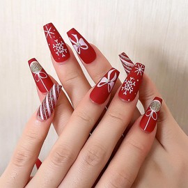 Vopintpy Christmas Press on Nails Long Square Fake Nails Snowflake Bow False Nails with Stripe Design Acrylic Glue on Nails Matte Winter Xmas Stick on Nails for Women DIY New Year Manicure