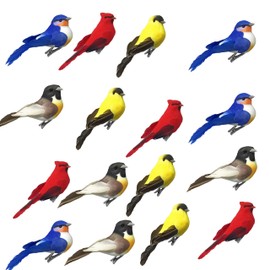 Songbird Clip-On Ornaments - Set of 16 - Assorted Birds with Flocked Bodies Feathered Wings & Tail - Cardinal - Bluebird - Robin - Goldfinch - 4" L