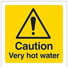 V Safety 62017AF-R Caution Very Hot Water Sign - Square - 100mm x 100mm - 1mm Rigid Plastic, Black/Yellow