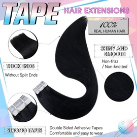 Hetto Tape on Hair Extensions Human Hair Remy Hair Tape in Extensions Double Sided Tape in Human Hair Extensions Glue on Hair for Women Jet Black #1 18 Inch 50g
