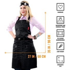 Under NY Sky Cross-Back Barber Black Apron – Heavy-Duty Nylon, Water and Chemical Resistant, Zipped Pockets, No-Tie, Split-Leg – Adjustable for Men, Women – Pro Hair Stylist, Salon, Colorist, Artist