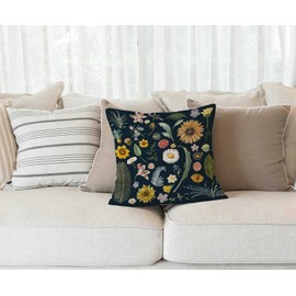 Blue Floral Farmhouse Decor Family Decoration Botanical Cotton Linen Home Decorative Throw Pillow Case Cushion Cover Floral for Sofa Couch, 18 x 18 in
