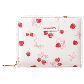 Sunwel Fashion Women Cute Print Wallets with Credit Card Slots ID Window & Zipper Coin Pouch (STRAWBERRY BOW CREAM)