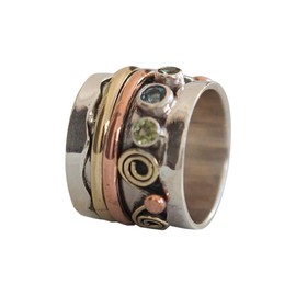 925 Sterling Silver Copper and Brass Tri Tone Metal Meditation Spinner Ring Fidget Anxiety Relief Ring Wide Band, Anti Stree Ring, Worry Ring, Spinning Ring, Ring Size US11