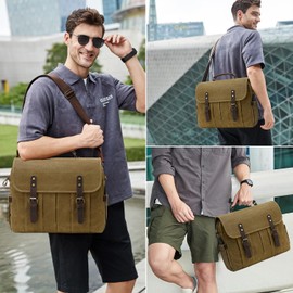 Vintage Mens Messenger Bag 15.6 inches Waterproof Genuine Leather Waxed Canvas Satchel Shoulder Bag Briefcase Laptop Bag with Charging,Headset Port,Khaki